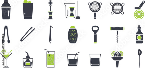 Iconic collection of cocktail making tools and drinkware Vector
