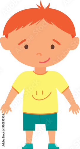 Cute Redhead Boy in Yellow T-shirt Vector, Smiling Ginger Kid Cartoon Character, Summer Outfit Child Illustration, Full Body Flat Design Isolated