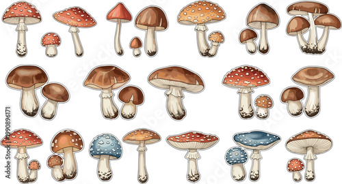 Mushroom vector set with various forest fungi species including amanita boletus and toadstools detailed hand drawn illustration collection