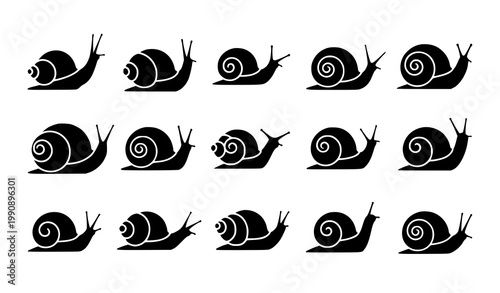 A set of black snail silhouettes in various poses on a white background
