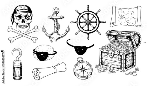 A collection of pirate icons and symbols in a vector graphic illustration