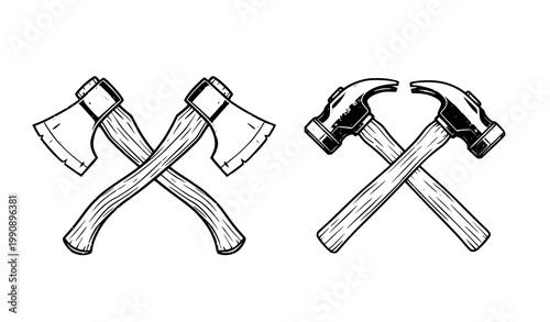 A vector graphic illustration of crossed hammers and axes in a minimalist style