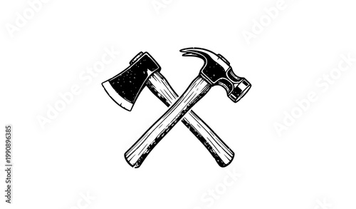 A vector graphic illustration of crossed hammer and axe tools