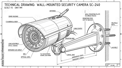 Wall mounted security camera technical drawing illustration, detailed surveillance device blueprint with labeled components for monitoring and safety system design