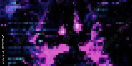 Purple Yellow looped abstract psychedelic digital cyberspace code. Concept glitch background 3D Illustration as crypto currency, NFT, video gaming overlay with cryptography hex code for live stream.