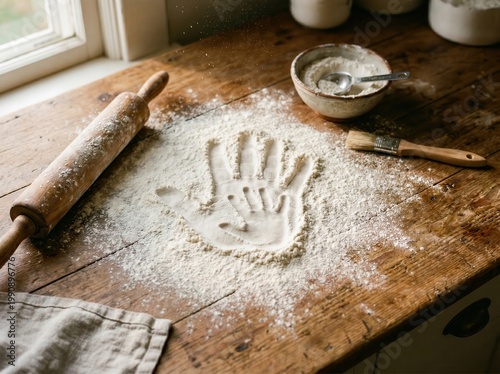 A wooden table with a handprint in flour next to a rolling pin and a bowl with a spoon and brush on it in a kitchen