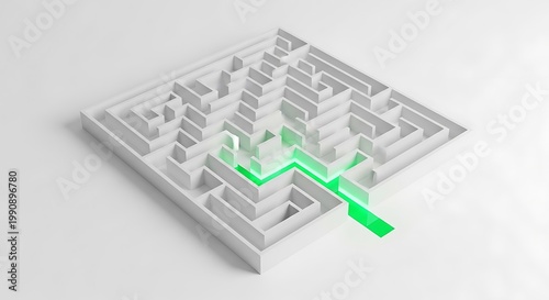 A complex gray maze with a bright green path highlighted representing problem solving and navigation