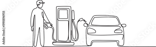 Single one line drawing Gas Station Worker refueling car. Gas station concept. one line Icon drawing