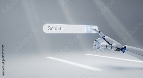 Futuristic robot interaction a white android points towards a search bar representing artificial intelligence and data access