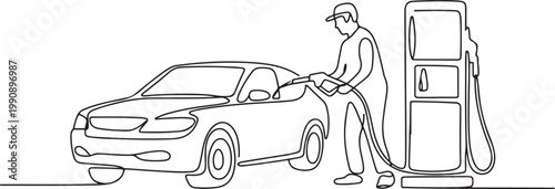 Single one line drawing Gas Station Worker refueling car. Gas station concept. one line Icon drawing