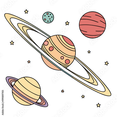 A colorful illustration depicts several planets with rings and stars showcasing a whimsical and imaginative cosmic scene high quality professional detailed modern