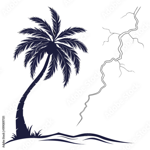 A stylized illustration depicts a dark blue palm tree dramatically contrasted with a jagged white lightning bolt on a white background