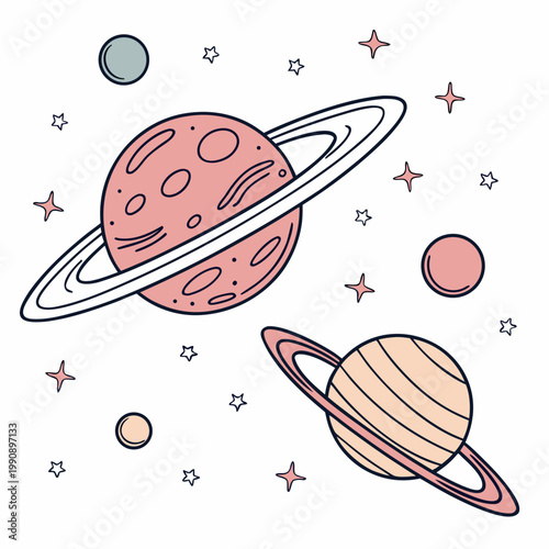 A whimsical illustration depicts two ringed planets several stars and a small moon in a pastel colored cosmic scene high quality professional