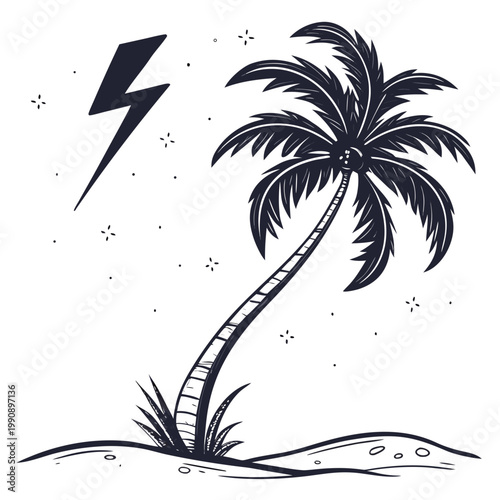 A stylized black and white illustration depicts a leaning palm tree alongside a bold lightning bolt evoking a tropical storm high quality