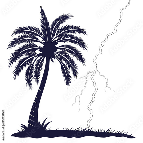 A striking illustration depicts a dark blue palm tree silhouette alongside a bright jagged white lightning bolt against a white background