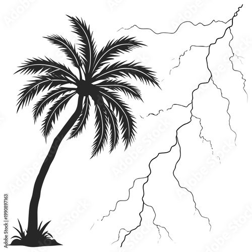 A striking black and white illustration depicts a leaning palm tree dramatically contrasted with a jagged bolt of lightning high quality professional