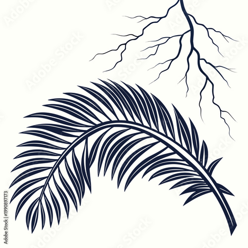 A minimalist illustration depicts a dark blue palm frond gracefully curving downwards against a stark white background with branches high quality professional