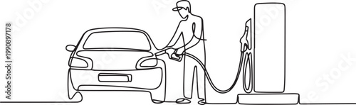 Single one line drawing Gas Station Worker refueling car. Gas station concept. one line Icon drawing