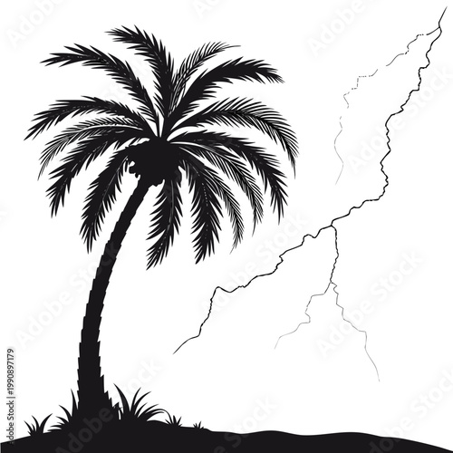 A striking black silhouette depicts a tall palm tree beside a jagged winding bolt of lightning against a white background high quality