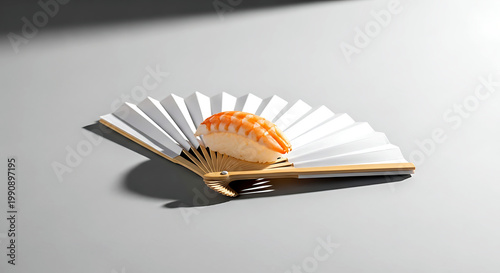 Japanese minimalist a delicate piece of sushi placed atop a fan-shaped sensu (folding fan) made of pale bamboo and white paper, on a grey washi paper background 