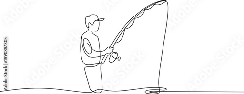 Continuous line drawing of a young fisherman standing, One continuous line drawing of fishing. one line Icon drawing