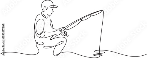 Continuous line drawing of a young fisherman standing, One continuous line drawing of fishing. one line Icon drawing