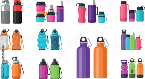 Reusable water bottles vector set with colorful sport drink containers gym hydration flasks and eco friendly accessories collection