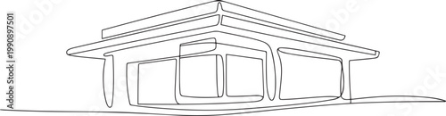 Flat roof house or commercial building in continuous line art drawing style. one line Icon drawing