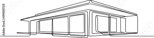 Flat roof house or commercial building in continuous line art drawing style. one line Icon drawing