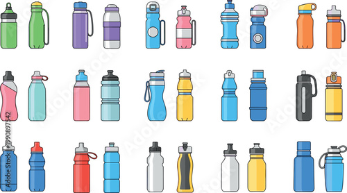 Sport water bottles vector set with reusable drink containers gym hydration flasks and fitness accessories colorful collection