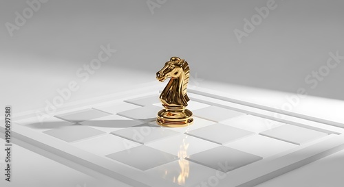 A solitary golden knight chess piece stands prominently on a white checkered surface bathed in soft light