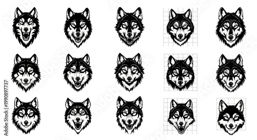 Collection of fierce wolf head illustrations showcasing different expressions and styles isolated on white background for versatile graphic design applications