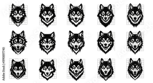 Collection of stylized wolf head emblems and icons showcasing fierce expressions and detailed fur textures presented in a graphic illustrative monochrome style against a clean