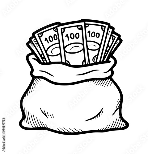 Hand-drawn bag overflowing with 100 dollar bills, isolated white money cash hundred
