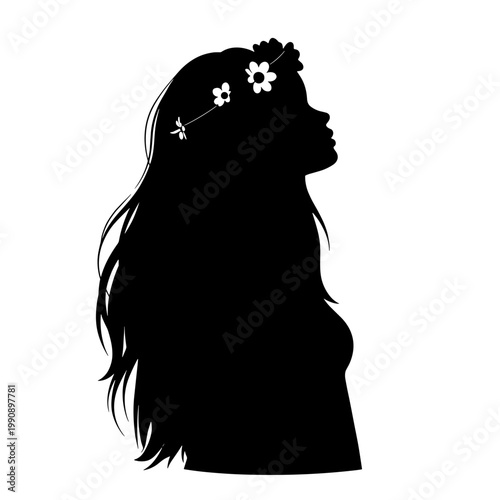 Female silhouette with floral headband and long hair in profile - Concept of Pride Month  