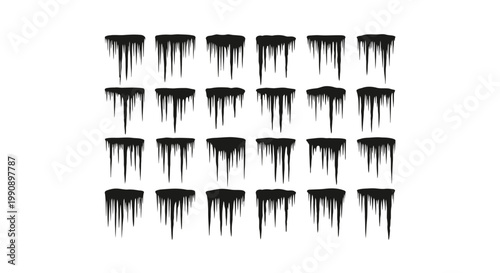 Collection of diverse black silhouette icicles with varied lengths and textures dripping water effects isolated on a clean white background representing winter and cold weather