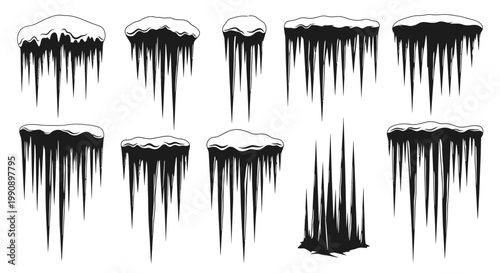 Collection of diverse icicles with snow caps isolated on a clean white background showcasing sharp and pointed ice formations in various sizes and shapes representing winter cold