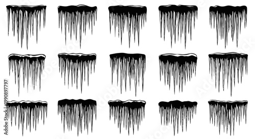 Collection of diverse black silhouette icicles with varying lengths and shapes isolated on a clean white background representing winter cold and frozen elements in a graphic