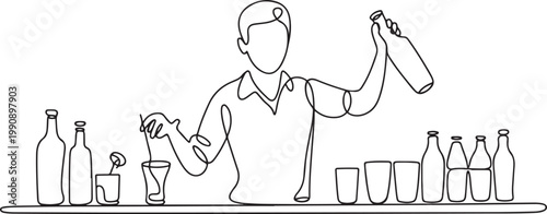 One continuous line drawing of Bartender in the pub vector illustration. Mixed beverage activity design in simple linear continuous style vector concept. one line Icon drawing