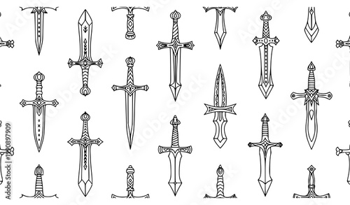 Diagonal seamless sword pattern vector illustration with decorative medieval blades in doodle outline style