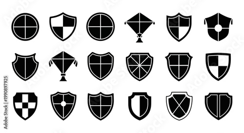Collection of diverse shield and kite icons representing security protection and freedom in a clean modern vector graphic style with clear outlines on a white background