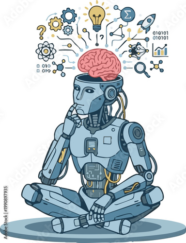 Thinking Robot with Brain and Innovation Technology Icons