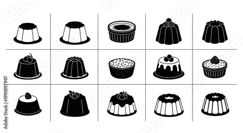 Collection of diverse black and white dessert silhouettes featuring puddings jellies and custards with fruit toppings presented in a grid layout for culinary and graphic design