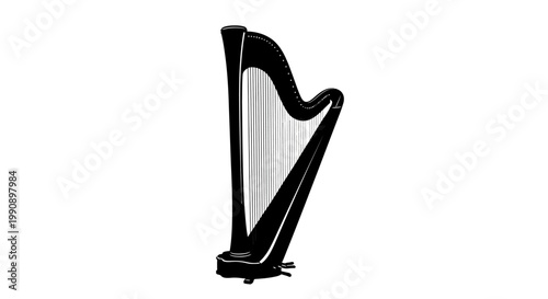 Elegant black silhouette of a classical concert harp with strings illuminated against a clean white background symbolizing music artistry and performance in a refined setting