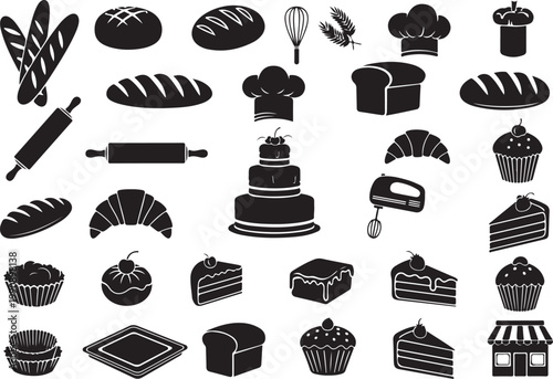 Black and white bakery including bread cake and utensils