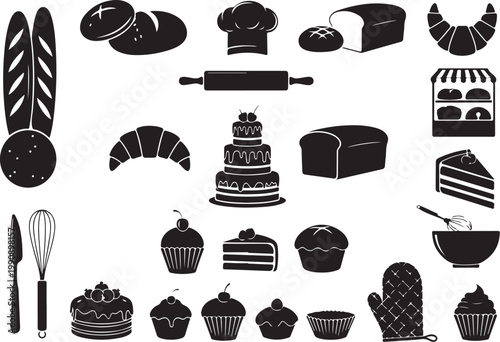 Black and white bakery with cakes pastries and utensils
