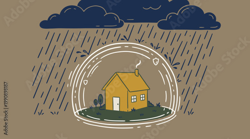A house is protected by a clear bubble from heavy rain under dark stormy clouds