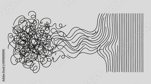 A chaotic cluster of swirling black lines transforms into organized vertical stripes.