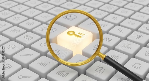 Golden magnifying glass focusing on a key representing discovery and problem solving on a keyboard background