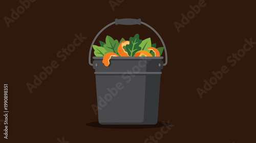 A gray bucket filled with fresh vegetables and fruits on a dark background